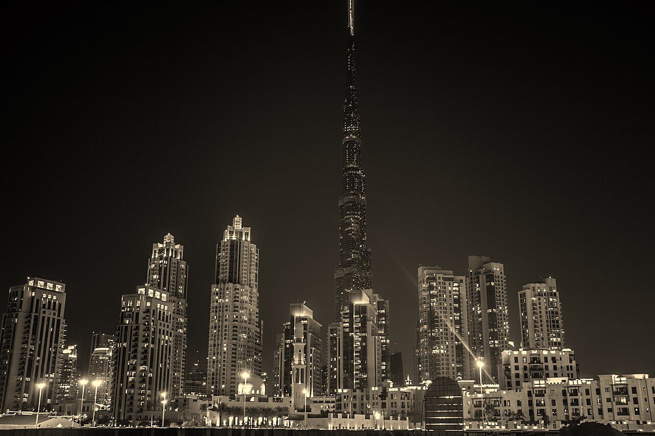 Downtown Dubai skyline with the Burj Khalifa at night